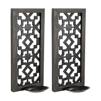 Set of Two Black Distressed Ornate Manufactured Wood And Metal Wall Sconce Candle Holders