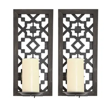 Set of Two Black Distressed Ornate Manufactured Wood And Metal Wall Sconce Candle Holders