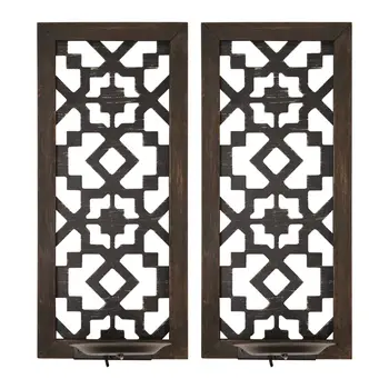 Set of Two Black Distressed Ornate Manufactured Wood And Metal Wall Sconce Candle Holders