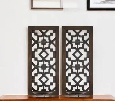 Set of Two Black Distressed Ornate Manufactured Wood And Metal Wall Sconce Candle Holders