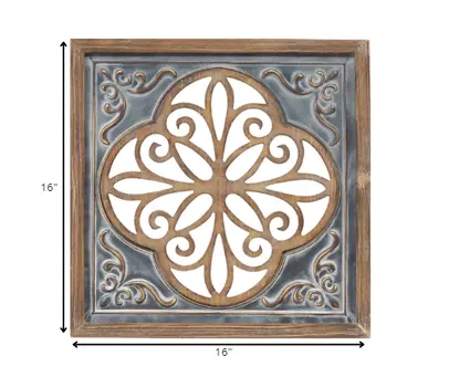 Distressed Blue Enamel Metal And Wood Framed Wall Art
