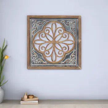 Distressed Blue Enamel Metal And Wood Framed Wall Art