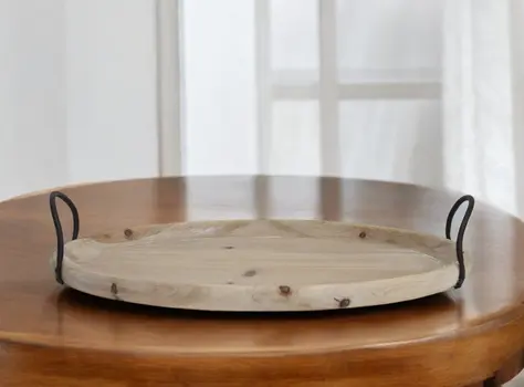 18" Natural Oval Wood Indoor Outdoor Lazy Susan With Handles
