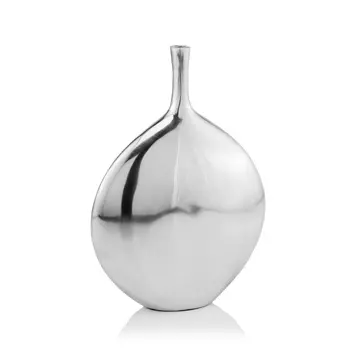 12" Silver Aluminum Long Neck Round Disc Table Vase