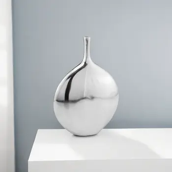 12" Silver Aluminum Long Neck Round Disc Table Vase