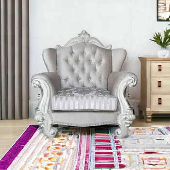 44" Ivory and Antiqued White Fabric Damask Tufted Chair and a Half And Toss Pillows