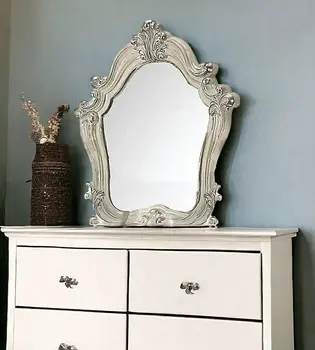 47" White And Silver Abstract Wood Framed Antiqued Glass Mounted Dresser Mirror