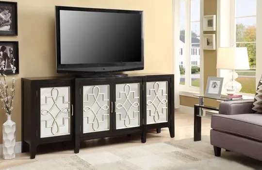 72" Black And Silver Mirrored Solid Wood Distressed Solid Console Table