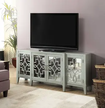 72" Gray And Silver Mirrored Wood Distressed Solid Console Table