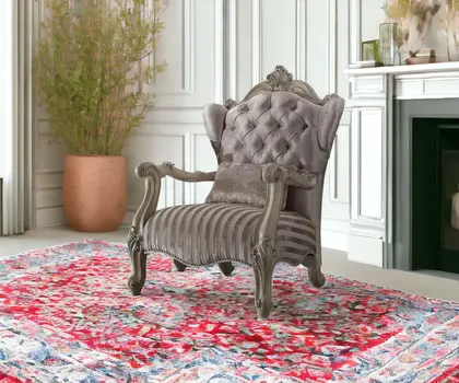 33" Ivory and Pearl Velvet Striped Tufted Wingback Chair And Toss Pillow