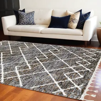 9' X 13' Brown and Ivory Geometric Area Rug