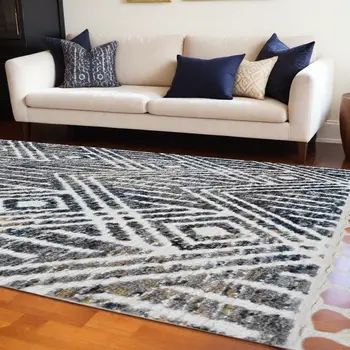 9' X 13' Gray and Ivory Geometric Area Rug