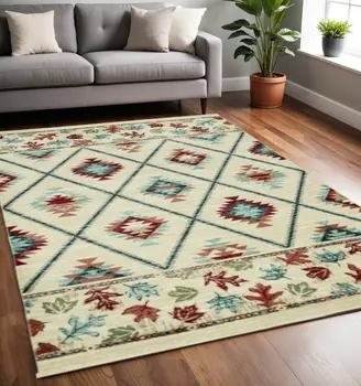 5' X 8' Ivory Blue And Red Geometric Area Rug
