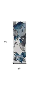 8' Ivory And Blue Botanical Leaves Hand Tufted Runner Rug