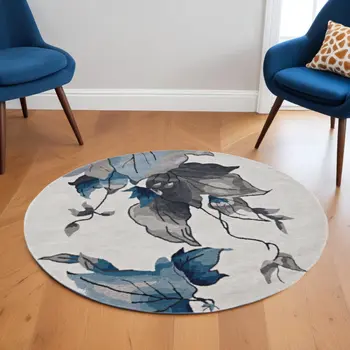 6' X 6' Ivory and Blue Floral Hand Tufted Area Rug