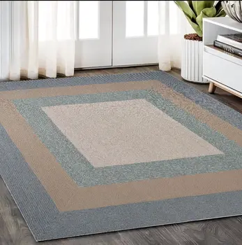 5' X 8' Tan Ivory and Blue Geometric Hand Tufted Area Rug