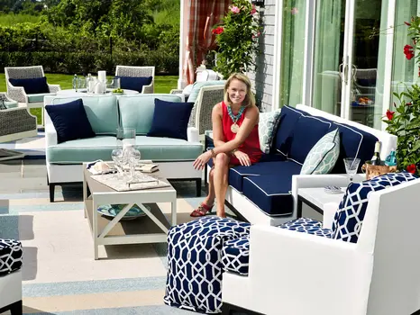 5' X 8' Tan Ivory and Blue Geometric Hand Tufted Area Rug