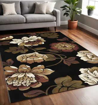 5' X 8' Black and Tan Floral Area Rug
