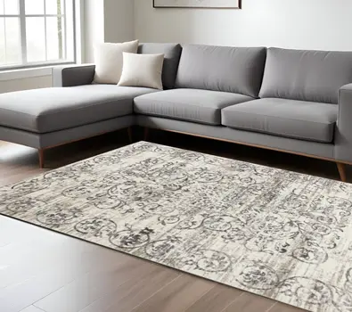 10' X 13' Gray and Ivory Floral Area Rug