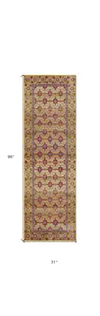 8' Gold And Red Floral Runner Rug