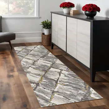 8' Gray And Ivory Geometric Runner Rug