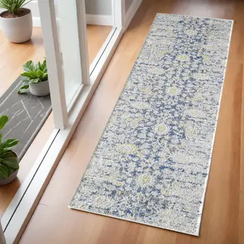 7' Gold And Gray Floral Runner Rug