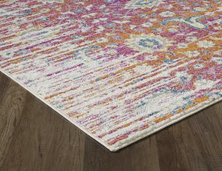 7' Ivory Pink And Orange Floral Runner Rug