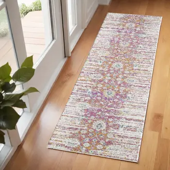 7' Ivory Pink And Orange Floral Runner Rug