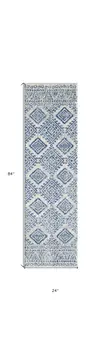 7' Ivory And Blue Geometric Runner Rug