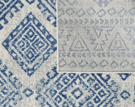 7' Ivory And Blue Geometric Runner Rug
