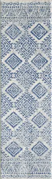 7' Ivory And Blue Geometric Runner Rug
