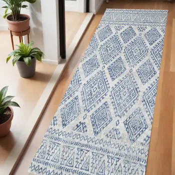 7' Ivory And Blue Geometric Runner Rug