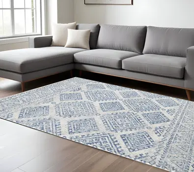 7' X 12' Ivory and Blue Geometric Area Rug