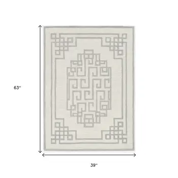 3' X 5' Ivory Grey Geometric Bordered Wool Area Rug