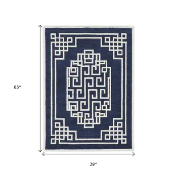 3' X 5' Navy Blue And Ivory Wool Abstract Geometric Hand Tufted Area Rug