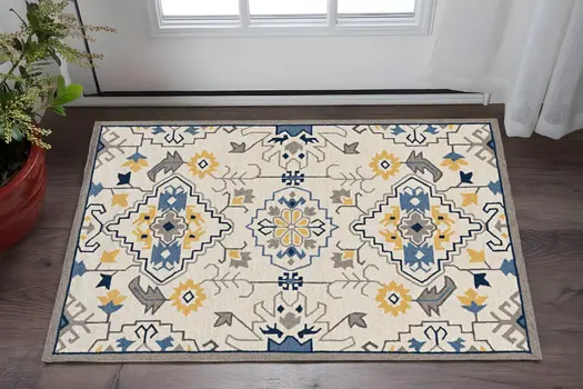 3' X 5' Ivory Mosaic Floral Area Rug