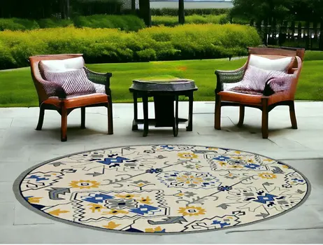 8' Ivory Round Abstract Indoor Outdoor Area Rug