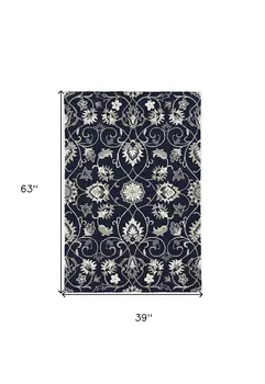 3' X 5' Navy Blue Floral Indoor Outdoor Area Rug