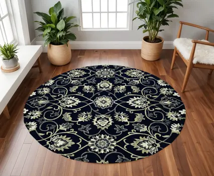 8' Navy Blue Round Hand Tufted Area Rug With UV Protection