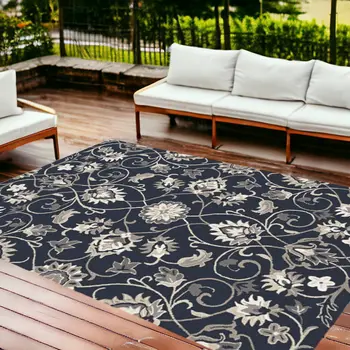 8' X 10' Navy Blue Round Floral Indoor Outdoor Area Rug
