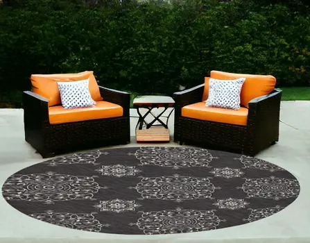 8' Charcoal Round Floral Indoor Outdoor Area Rug