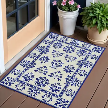 3' X 5' Blue Floral Indoor Outdoor Area Rug