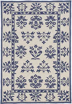 5' X 7' Sand Or Blue Floral Bordered Indoor Outdoor Area Rug