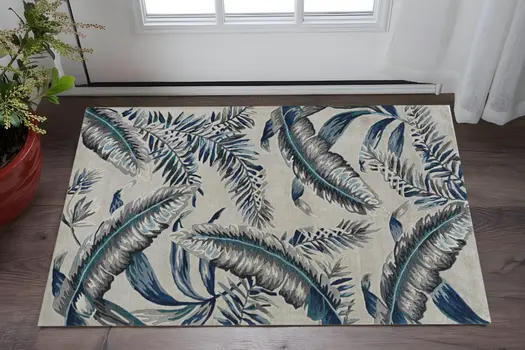 3' X 5' Grey Or Blue Tropical Leaves Wool Area Rug