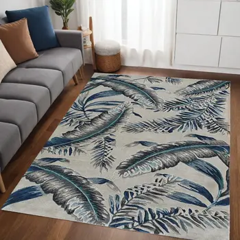 5' X 8' Blue and Gray Wool Botanical Leaves Hand Tufted Area Rug
