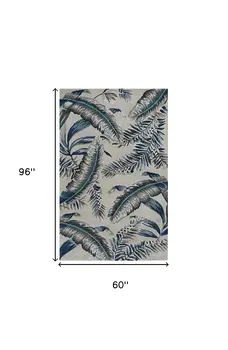 5' X 8' Blue and Gray Wool Botanical Leaves Hand Tufted Area Rug