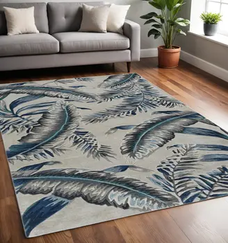 5' X 8' Blue and Gray Wool Botanical Leaves Hand Tufted Area Rug