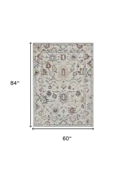 5' X 7' Ivory Gray And Red Wool Floral Hand Tufted Distressed Area Rug