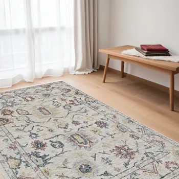 5' X 7' Ivory Gray And Red Wool Floral Hand Tufted Distressed Area Rug