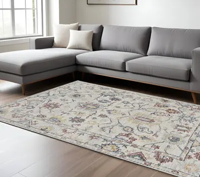 7' X 10' Ivory Gray And Red Wool Medallion Hand Tufted Area Rug